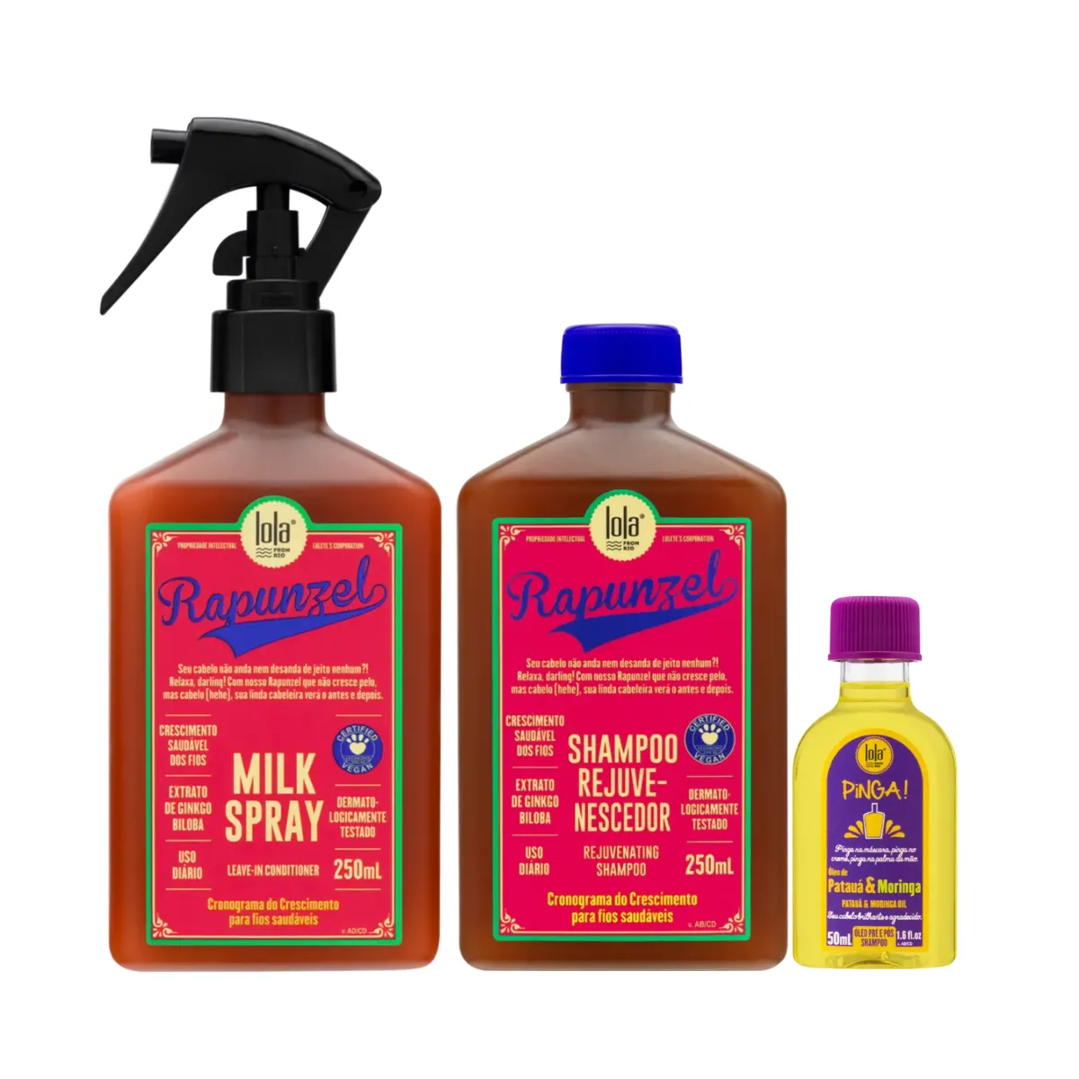 Kit Lola Rapunzel Sh 250ml + Spray Milk 250ml + Pinga! Óleo Pataúa e Moringa 50ml | By Linda