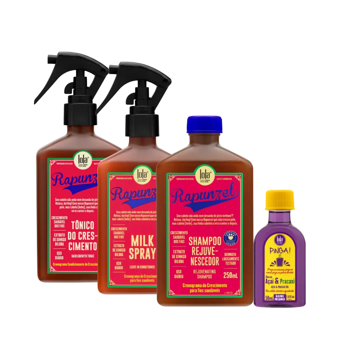 Kit Lola Rapunzel Sh 250ml + Spray Milk 250ml + Tônico 250ml + Pinga! Óleo Açaí e Pracaxi 50ml | By Linda