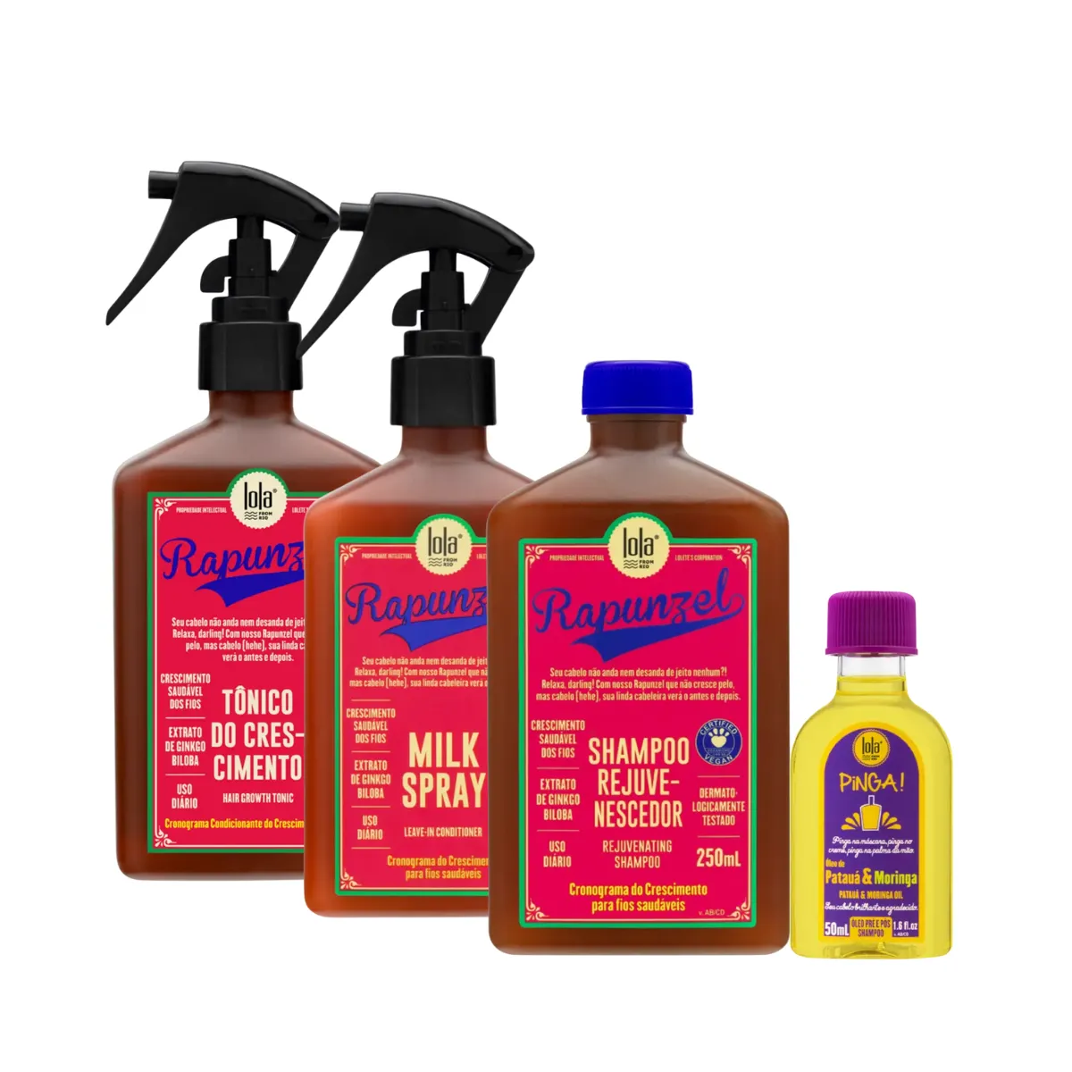 Kit Lola Rapunzel Sh 250ml + Spray Milk 250ml + Tônico 250ml + Pinga! Óleo Pataúa e Moringa 50ml | By Linda