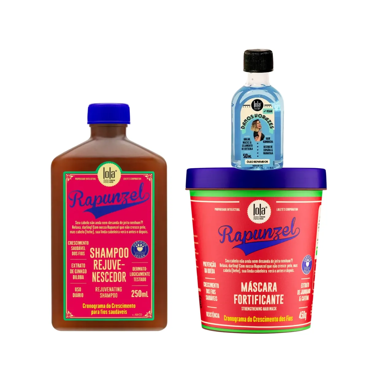 Kit Lola Rapunzel Sh 250ml + Masc 450ml + Danos Vorazes Óleo Reparador 50ml | By Linda