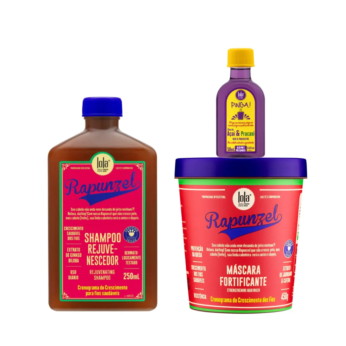 Kit Lola Rapunzel Sh 250ml + Masc 450ml + Pinga! Óleo Açaí e Pracaxi 50ml | By Linda