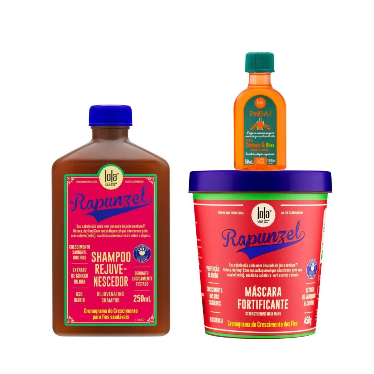 Kit Lola Rapunzel Sh 250ml + Masc 450ml + Pinga! Óleo Cenoura e Oliva 50ml | By Linda