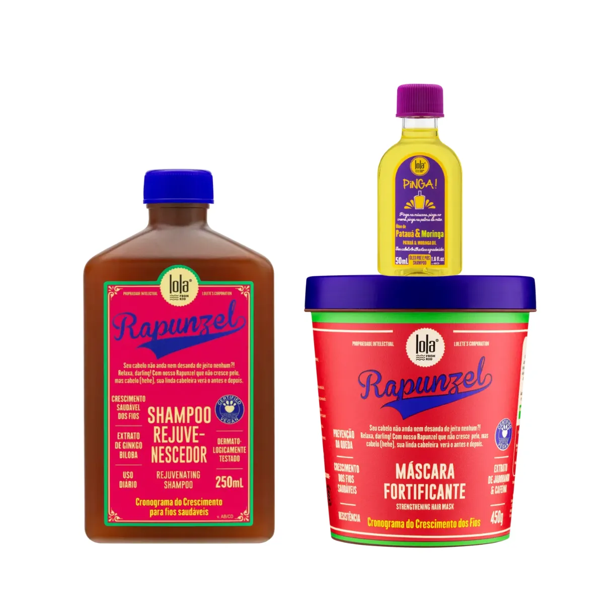 Kit Lola Rapunzel Sh 250ml + Masc 450ml + Pinga! Óleo Pataúa e Moringa 50ml | By Linda