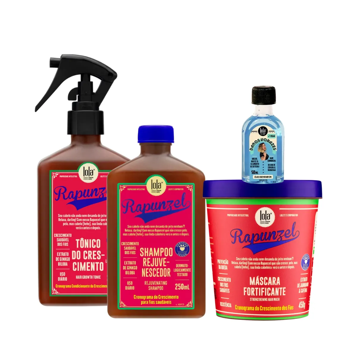 Kit Lola Rapunzel Sh 250ml + Masc 450ml + Tônico 250ml + Danos Vorazes Óleo Reparador 50ml | By Linda