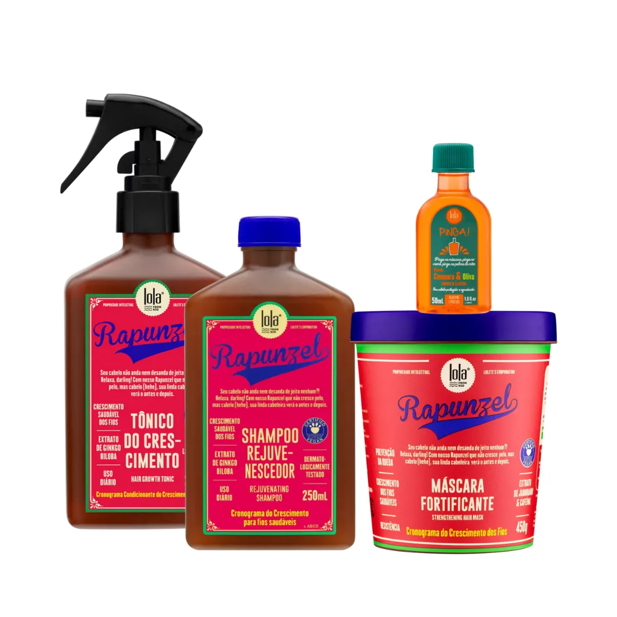 Kit Lola Rapunzel Sh 250ml + Masc 450ml + Tônico 250ml + Pinga! Óleo Cenoura e Oliva 50ml | By Linda