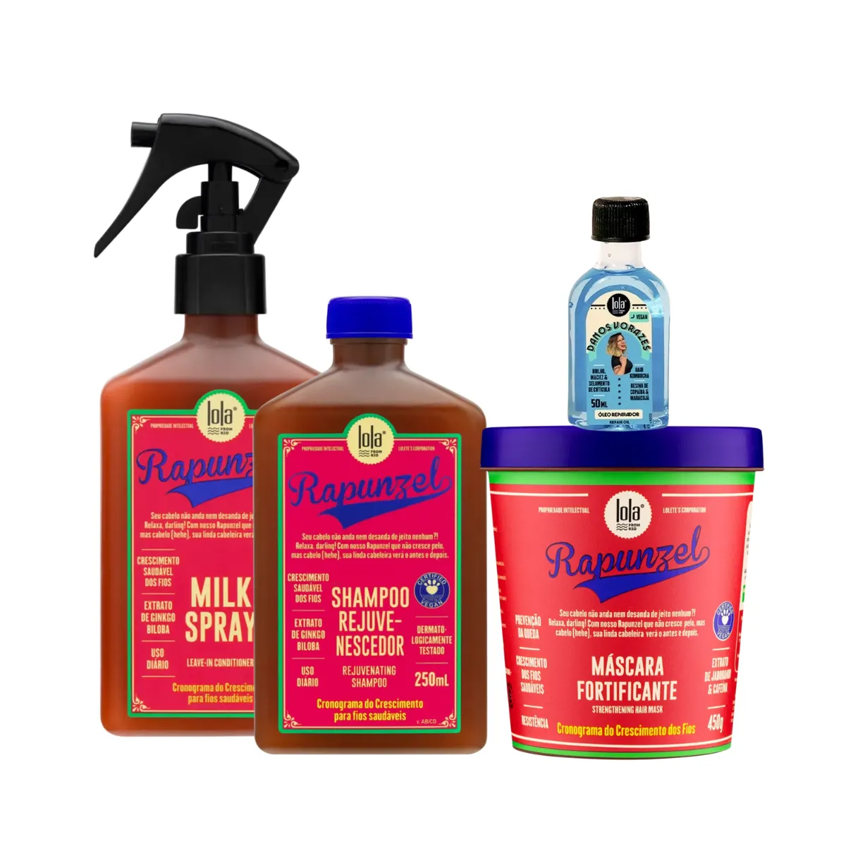 Kit Lola Rapunzel Sh 250ml + Spray Milk 250ml + Masc 450ml + Danos Vorazes Óleo Reparador 50ml | By Linda