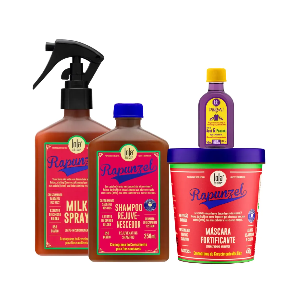 Kit Lola Rapunzel Sh 250ml + Spray Milk 250ml + Masc 450ml + Pinga! Óleo Açaí e Pracaxi 50ml | By Linda