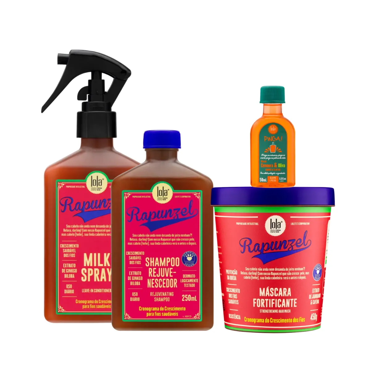 Kit Lola Rapunzel Sh 250ml + Spray Milk 250ml + Masc 450ml + Pinga! Óleo Cenoura e Oliva 50ml | By Linda