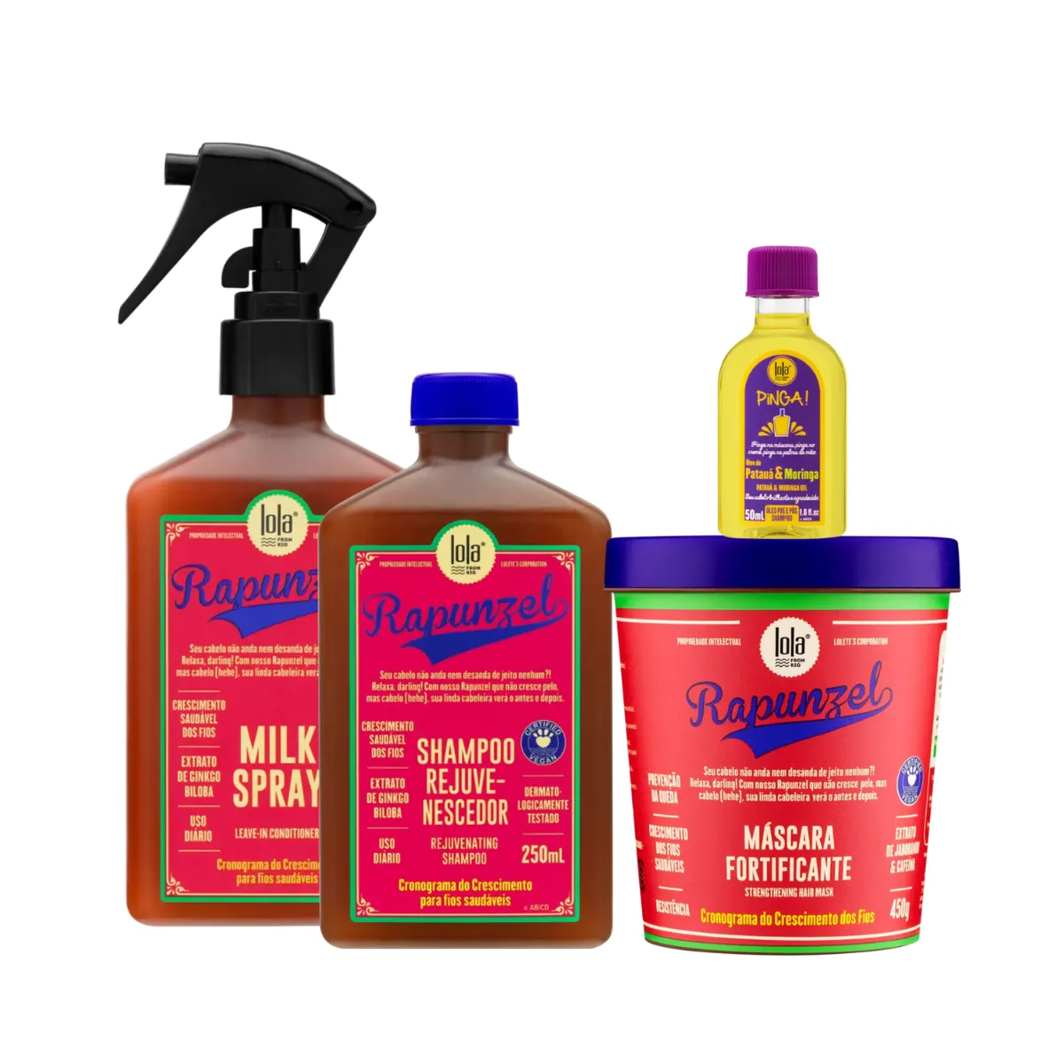 Kit Lola Rapunzel Sh 250ml + Spray Milk 250ml + Masc 450ml + Pinga! Óleo Pataúa e Moringa 50ml | By Linda