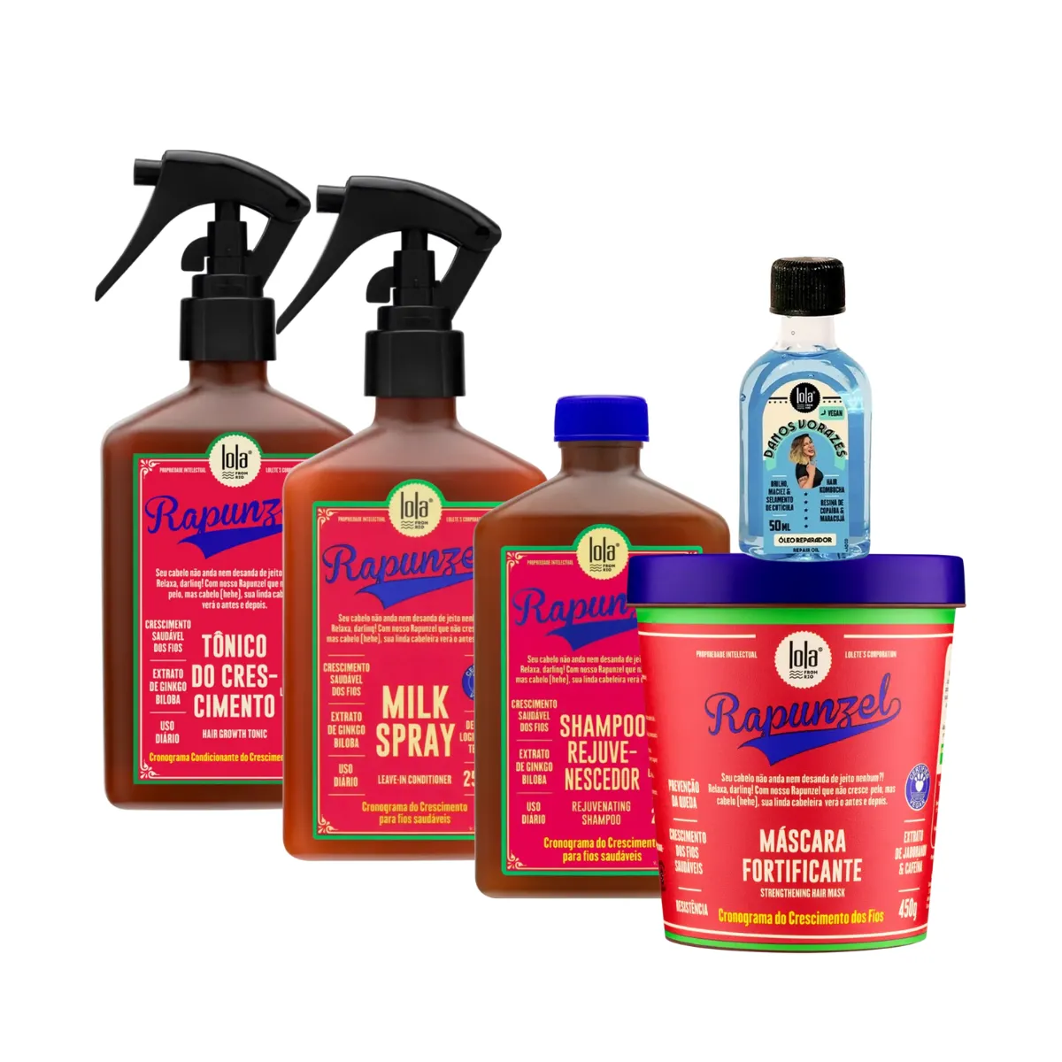 Kit Lola Rapunzel Sh + Spray Milk + Masc + Tônico + Danos Vorazes Óleo Reparador | By Linda