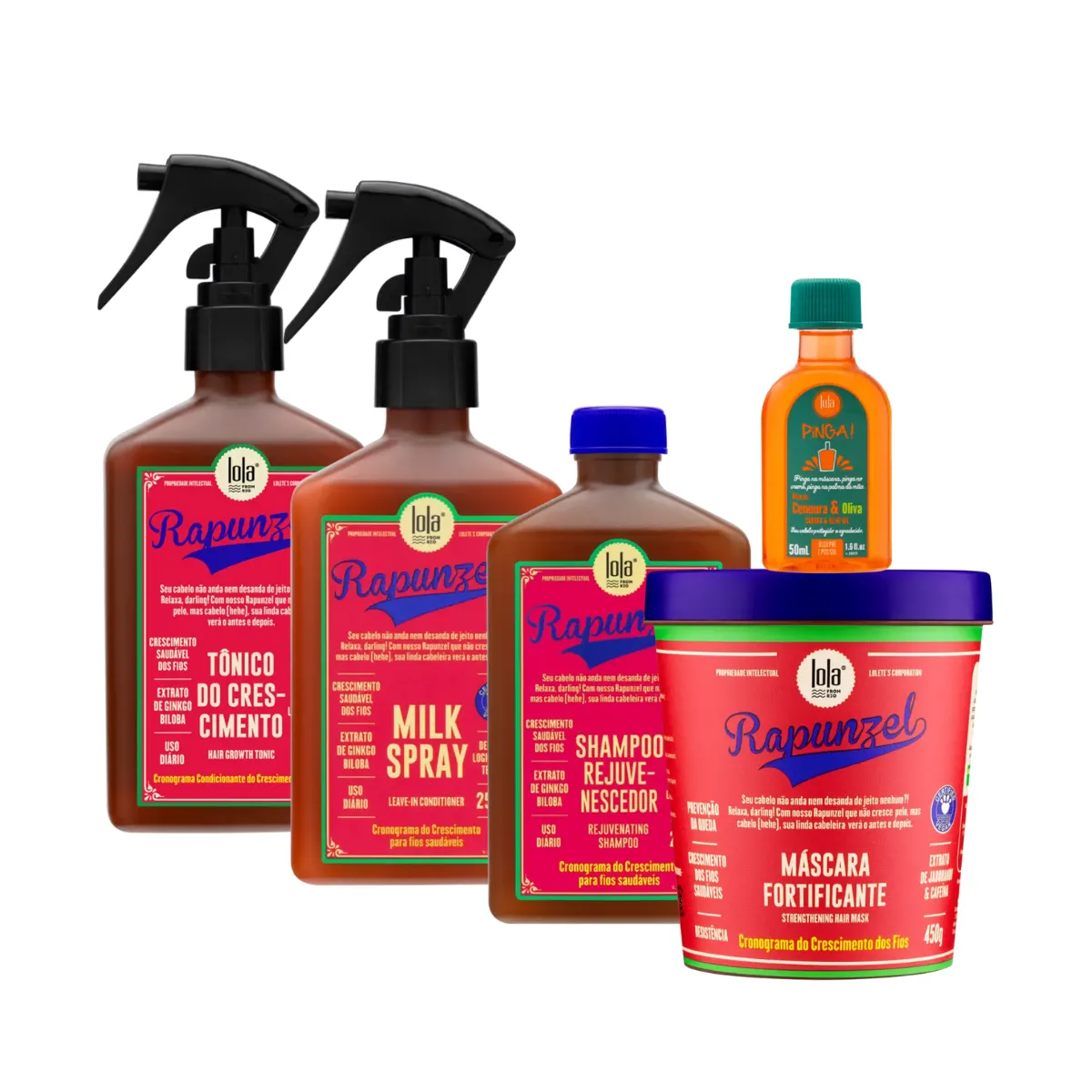 Kit Lola Rapunzel Sh + Spray Milk + Masc + Tônico + Pinga! Óleo Cenoura e Oliva | By Linda