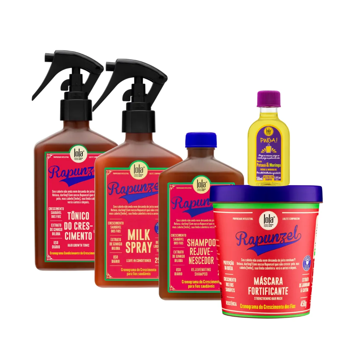 Kit Lola Rapunzel Sh + Spray Milk + Masc + Tônico + Pinga! Óleo Pataúa e Moringa | By Linda