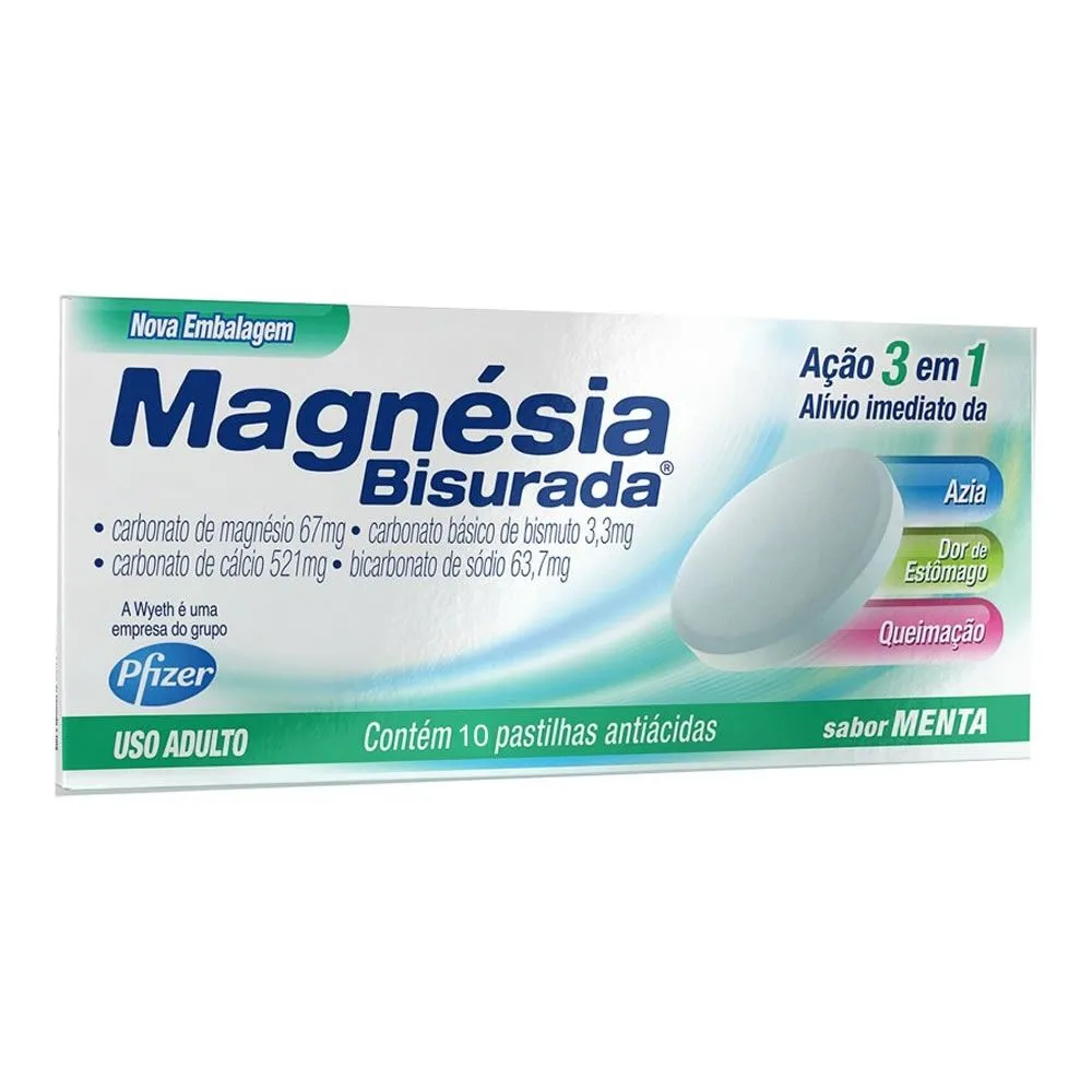 Magnésia Bisurada C/10 Pastilhas Antiácidas Sabor Menta