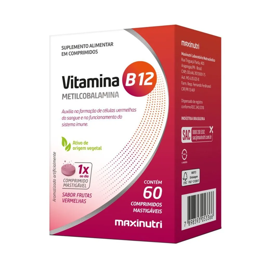 Maxinutri Vitamina B12 Metilcobalamina Com 60 Comprimidos Mastigáveis