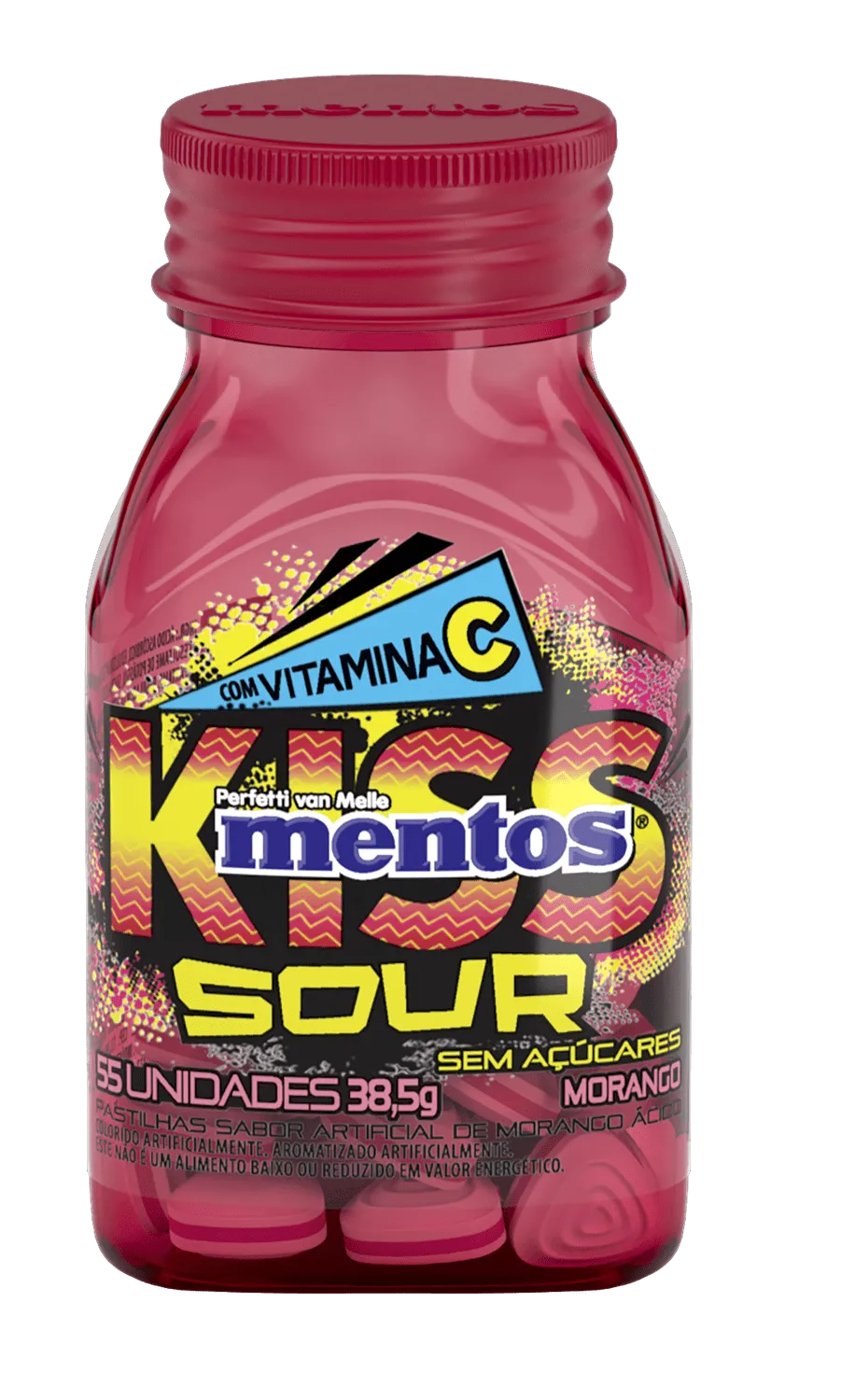 Mentos Pastilha Kiss Sour Morango Sem Açúcar Pote com 38,5g
