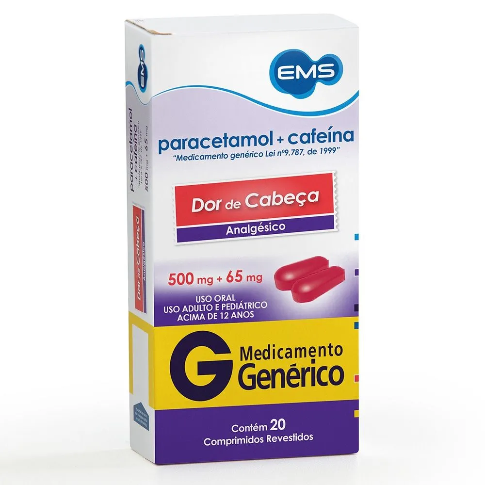 Paracetamol 500Mg + Cafeína 65Mg Genérico Ems C/ 20 Comprimidos