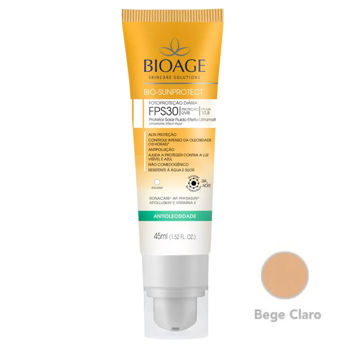 Protetor Solar Fluído Antioleosidade FPS 30 Bio-Sunprotect Bioage 45ml Bege Claro