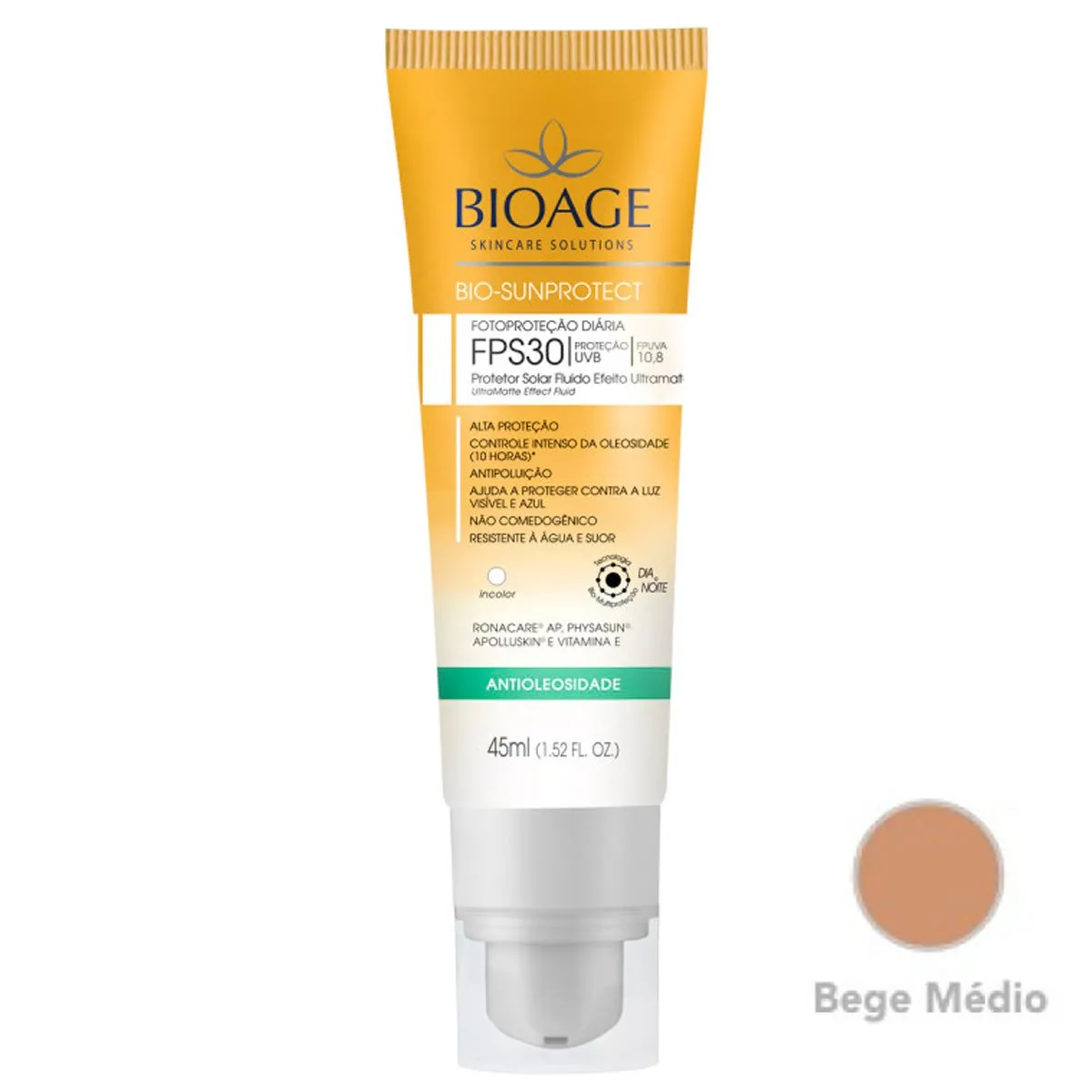Protetor Solar Fluído Antioleosidade FPS 30 Bio-Sunprotect Bioage 45ml Bege Médio