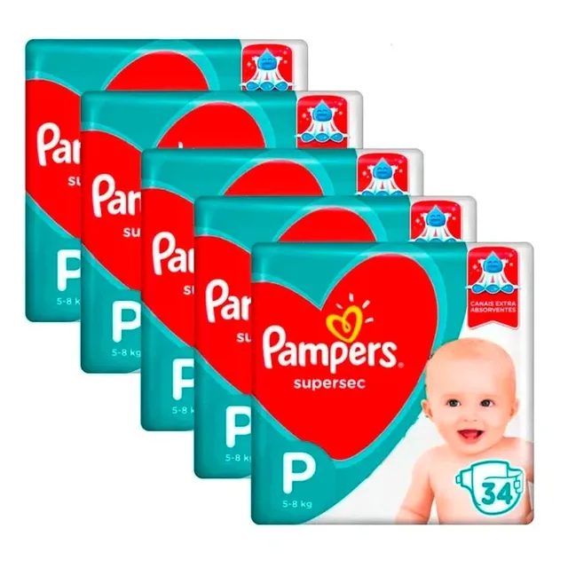Kit 5 Fraldas Pampers Supersec Pacotão P