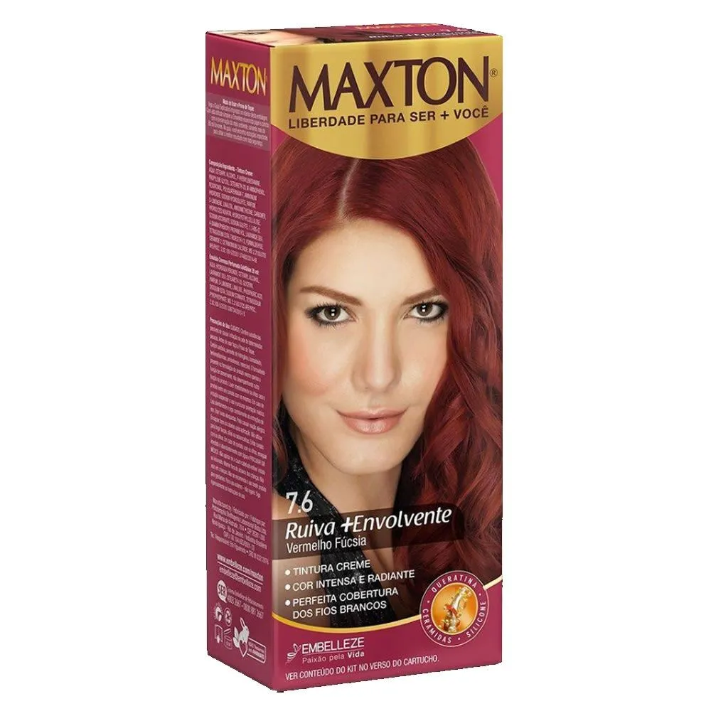 Tintura Maxton Creme Kit Prático 7.6 Vermelho Fúcsia Ruiva + Envolvente