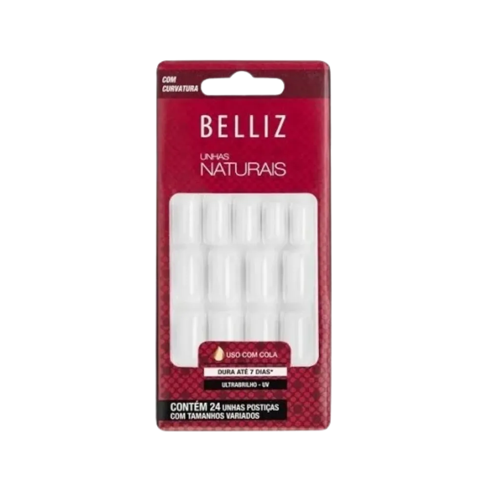 Unha Postiça Natural Belliz Com Curvatura Uso com Cola 24unid Cód 1202