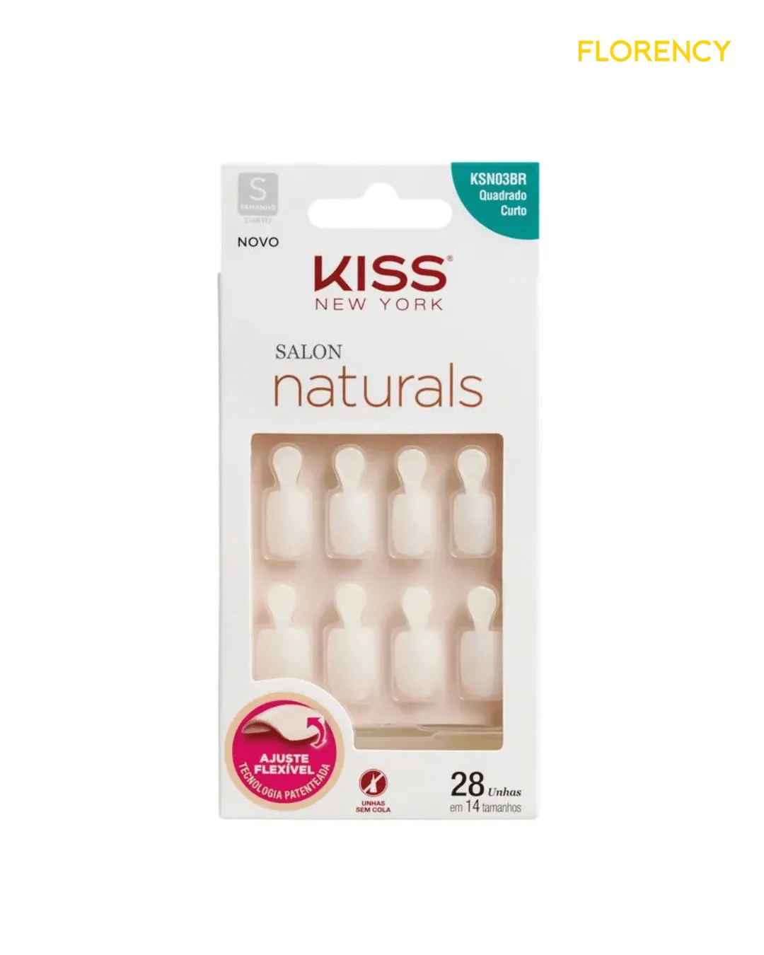 Unhas Postiças Kiss New York Salon Natural Curto Quadrado com Aba com 28