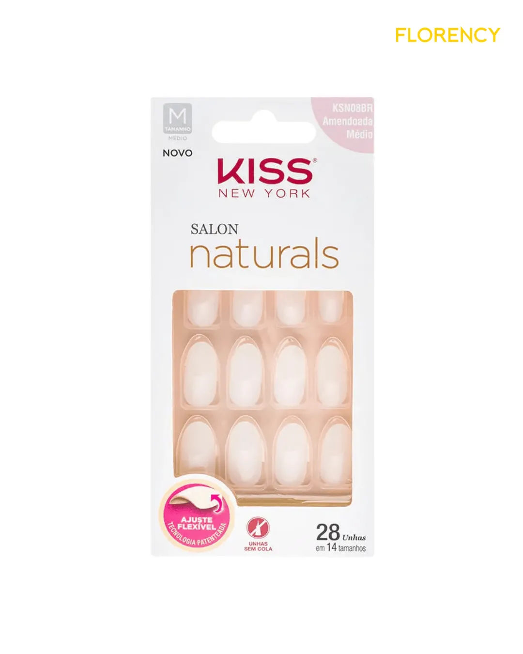 Unhas Postiças Kiss New York Salon Naturals Sem Cola Amendoada Média com 28