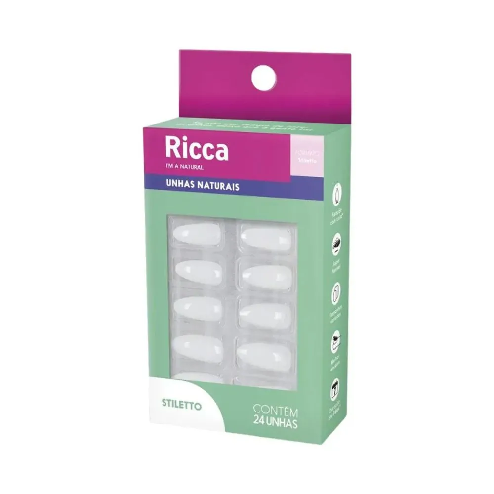 Unhas Postiças Ricca Naturais Stiletto 24pcs Ref 2278
