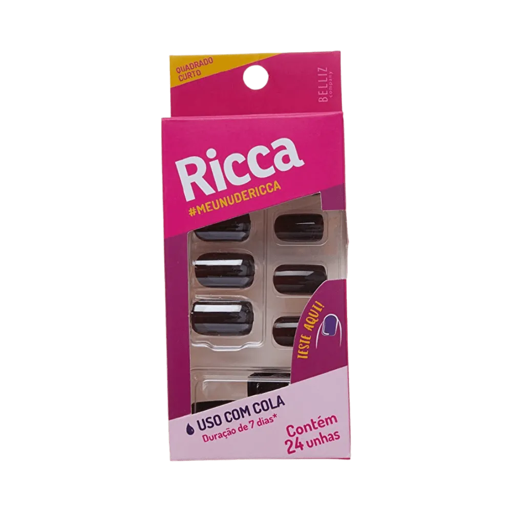 Unhas Postiças Ricca Quadrado Curto Cola Chocolate 24pcs