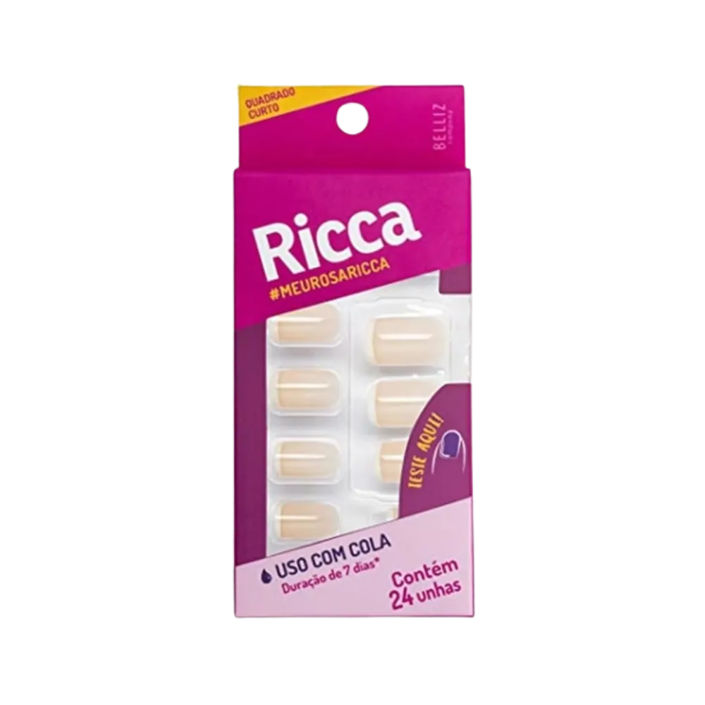 Unhas Postiças Ricca Quadrado Curto Cola Francesinha 24pcs