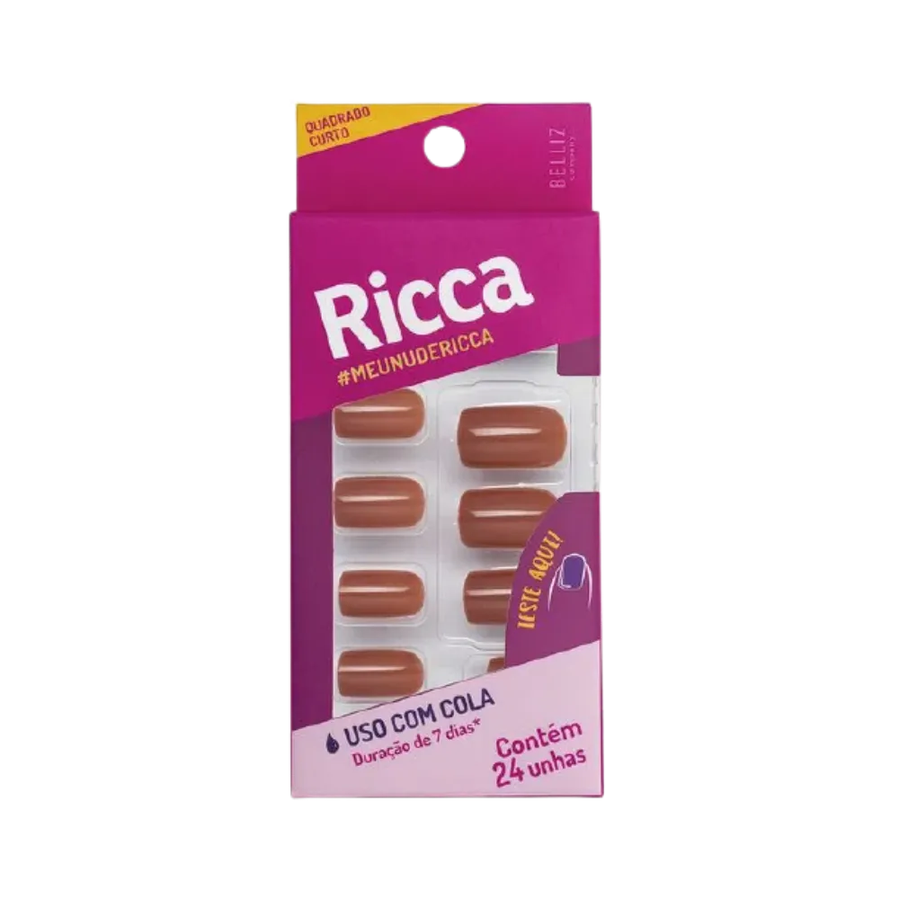 Unhas Postiças Ricca Quadrado Curto Cola Nude 24pcs