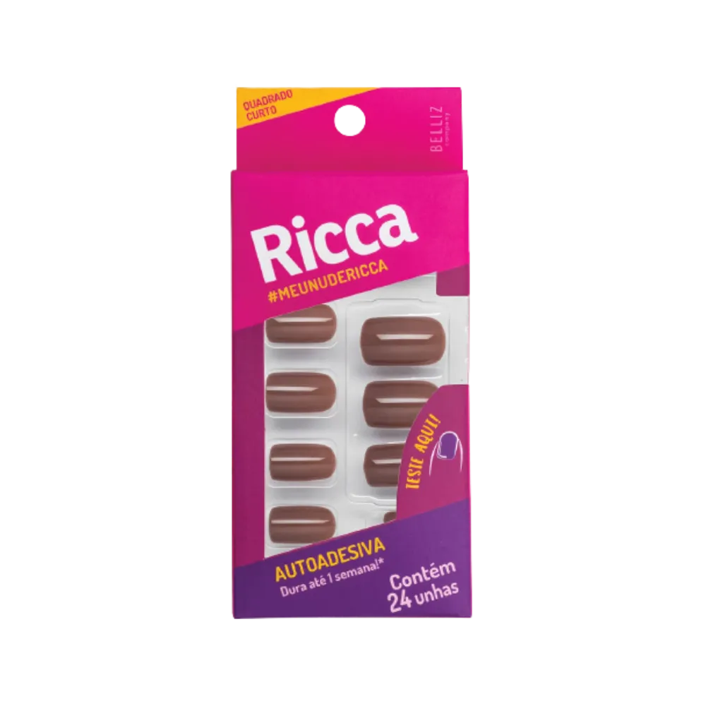 Unhas Postiças Ricca Autoadesiva Quadrado Curto Nude Capuccino 24pcs