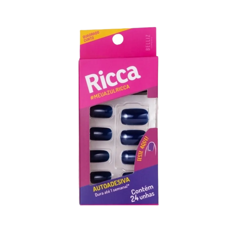 Unhas Postiças Ricca Autoadesiva Quadrado Curto Blue Jeans 24pcs